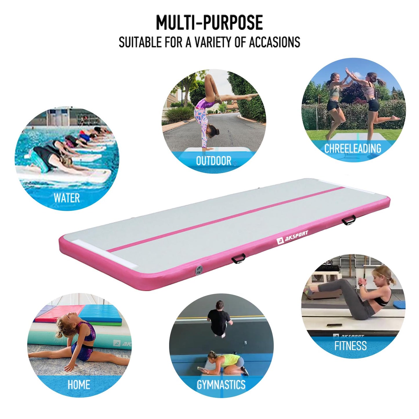 AKSPORT Air Mat Tumble Track Gymnastics Tumbling Mat Inflatable Floor Mats With Electric Air Pump for Home Use/Tumble/Gym/Training/Cheerleading/Parkour/Beach/Park/Water (pink, 9.84)