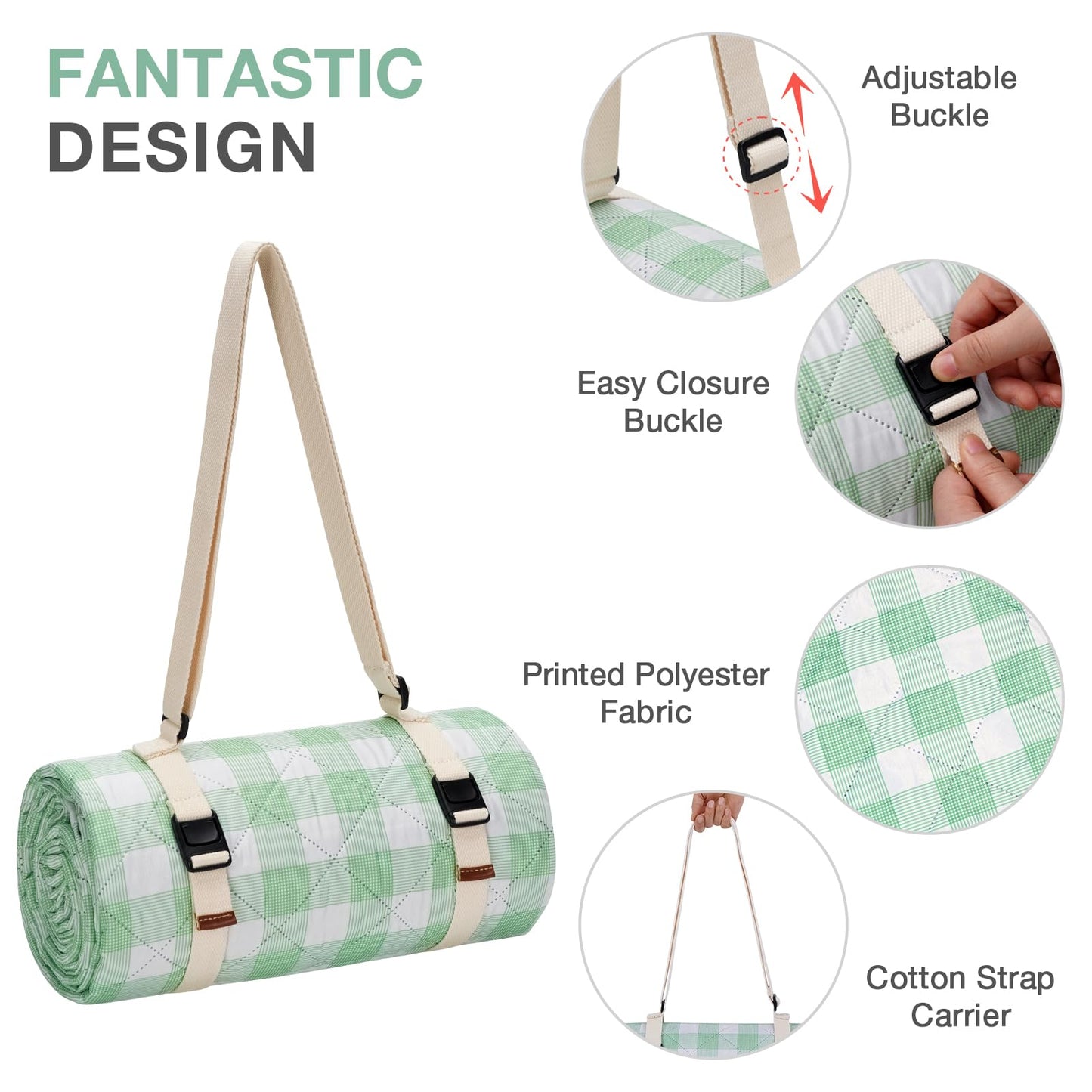WILLOW WEAVE Picnic Blanket, 80''x80'' Waterproof Outdoor Blankets, Picnic Mat Washable for Beach, Picnic Blankets for Camping on Grass with Shoulder Strap - Green & White