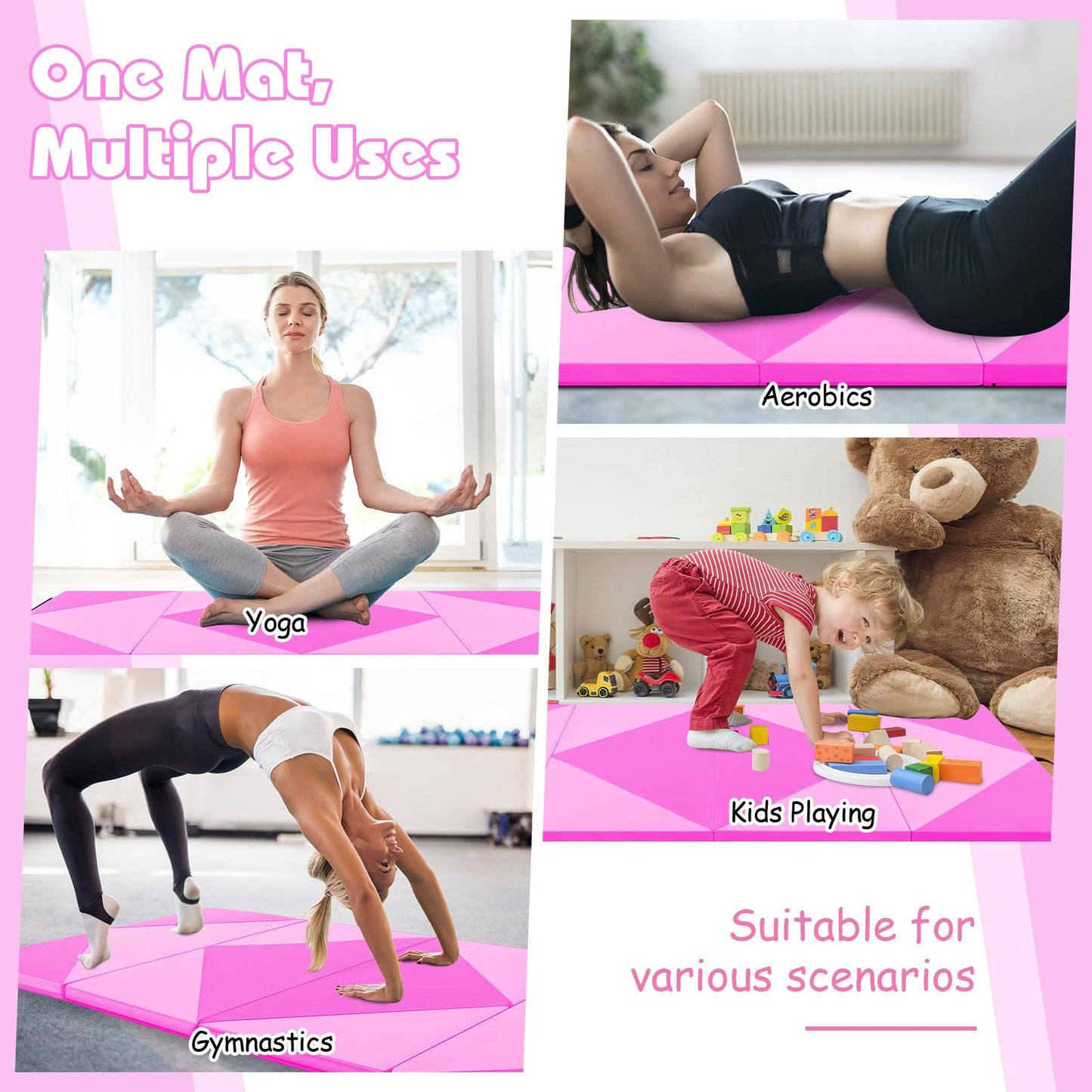 Goplus 8' x 4' x 2" Gymnastics Mat, Folding Tumbling Mat with Carry Handles, Hook & Loop Fasteners, 4 Panels for Fitness Exercise Yoga Stretching Aerobics Workouts, Thick Gym Mats for Home (Pink&Rose)