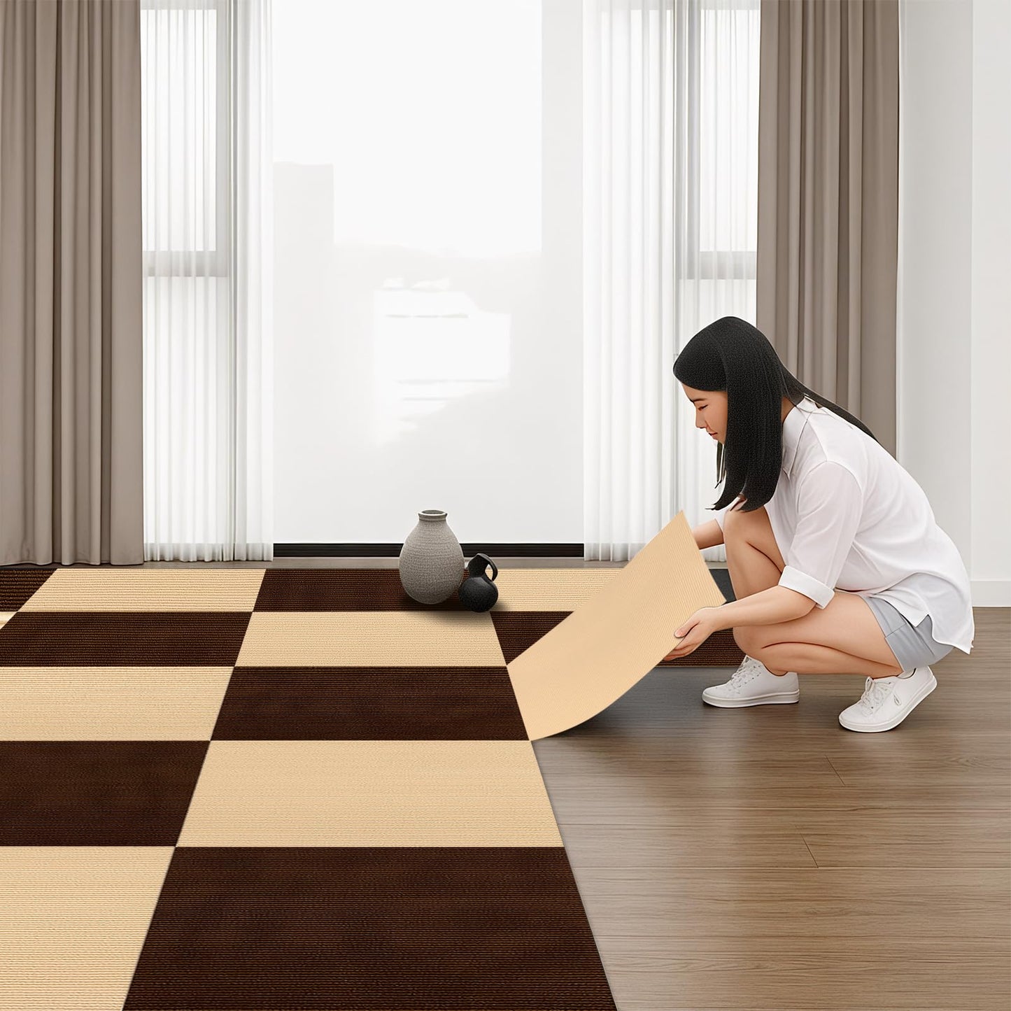 24" x 24" Carpet Tiles Peel and Stick 10Pcs (40 Sqft/Box, Khaki)