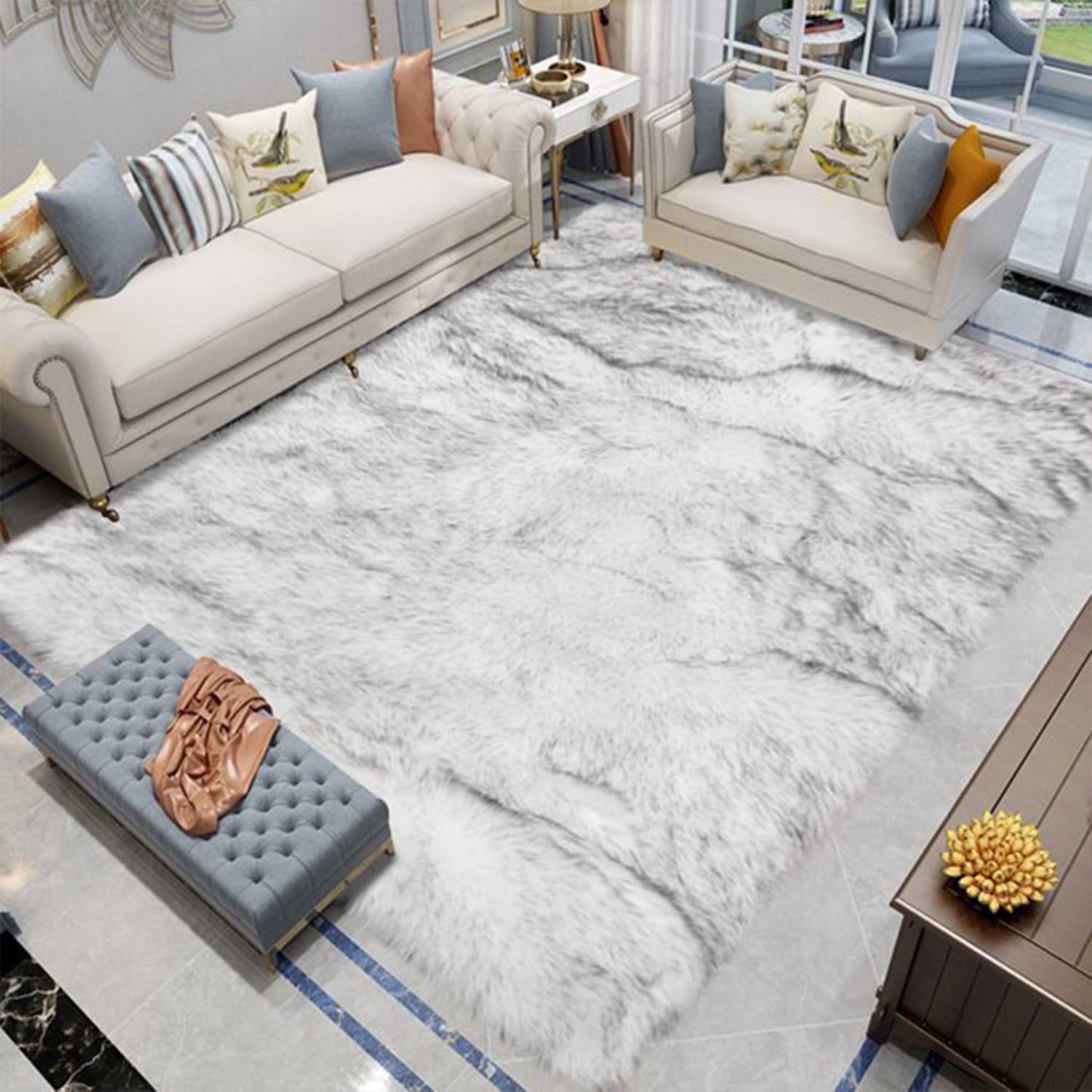 Latepis White and Grey Tips Faux Fur 8'10"x11'10" Area Rug, Soft Plush Faux Fur Sheepskin Rugs for Living Room, Washable Fluffy Rug for Living Room, Luxury Room Decor, Rectangle