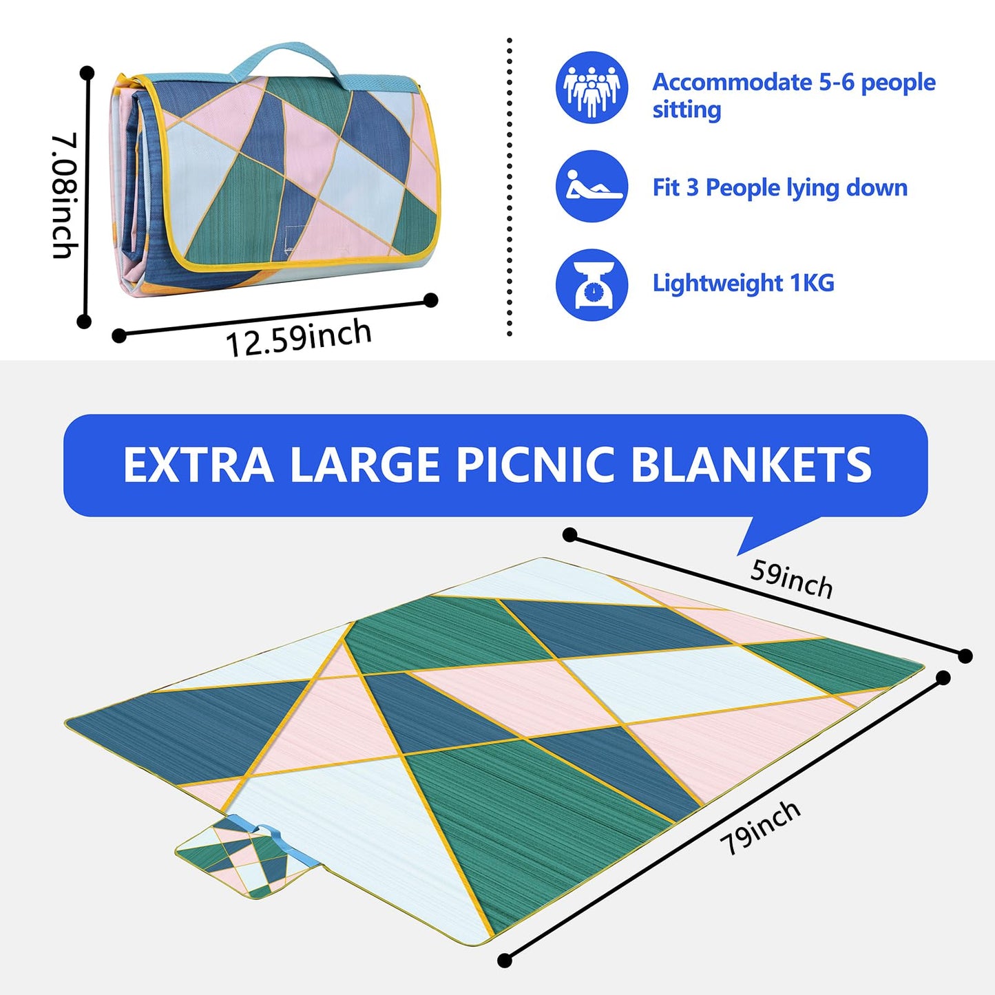 DanCoom Picnic Blanket, Foldable Waterproof Sand Mat, Extra Large Picnic Blanket Outdoor Picnic Mat Beach Blanket for Park Grass Camping Hiking Travel Family Concerts