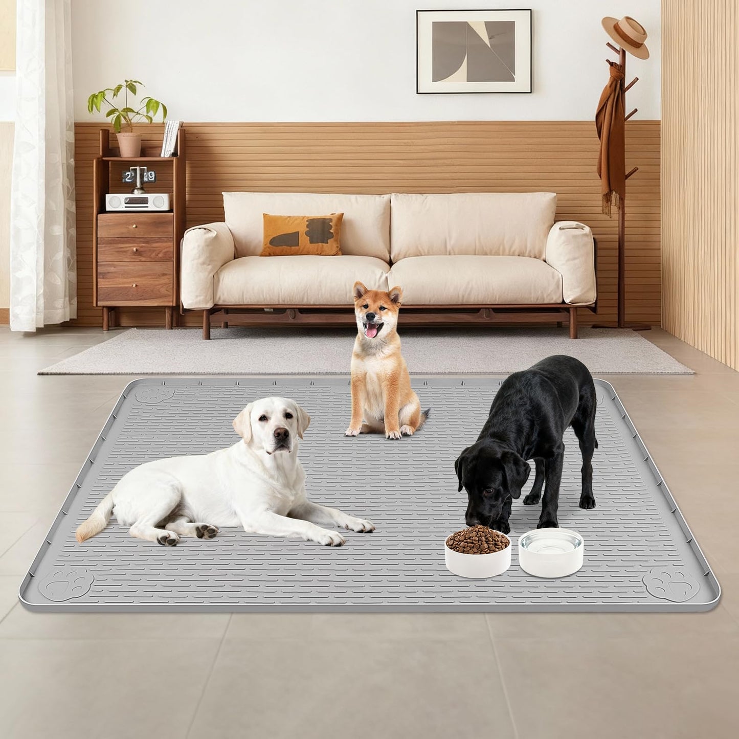 Lanstics Dog Food Mat, 50" x 35" Large Silicone Mat Dog Feeding Mat with Raised Edge Non-Slip Pet Feeding Mat for Food and Water Bowl, Easy to Clean, Floor Protection (Gray)
