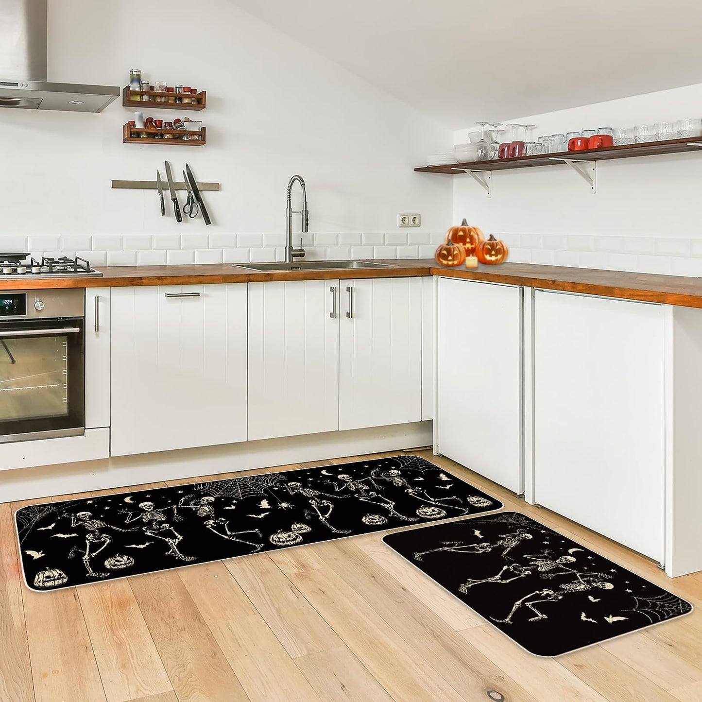 JarThenaAMCS Halloween Skeleton Kitchen Mats Spider Pumpkin Bat Welcome Floor Mat Non-Slip Black Door Rugs for Indoor Outdoor Bathroom, 17 x 29 Inch & 17 x 47 Inch