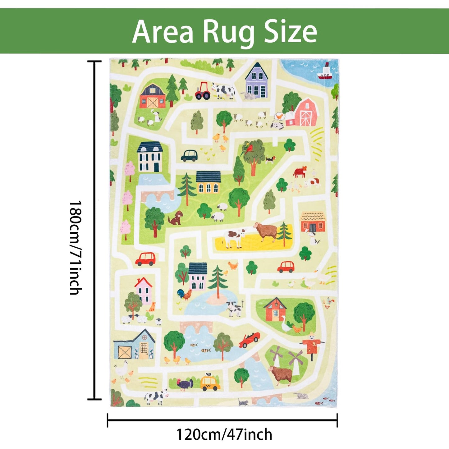 Lacomfy Kids Rug 4x6 Large Farm Animal Area Rug Traffic Road Children Play Mat for Playroom Nonslip Toy Cars Mat Farm Animals Zoo Road Kids Rug for Classroom Bedroom, Green