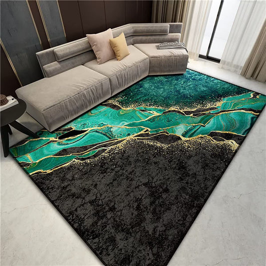 Qkjtyt Emerald Green Black Abstract Marble Area Rugs Modern Glitter Swirl Throw Rugs for Study Room Home Office Low Pile Floor Mat Carpets,4'x6'