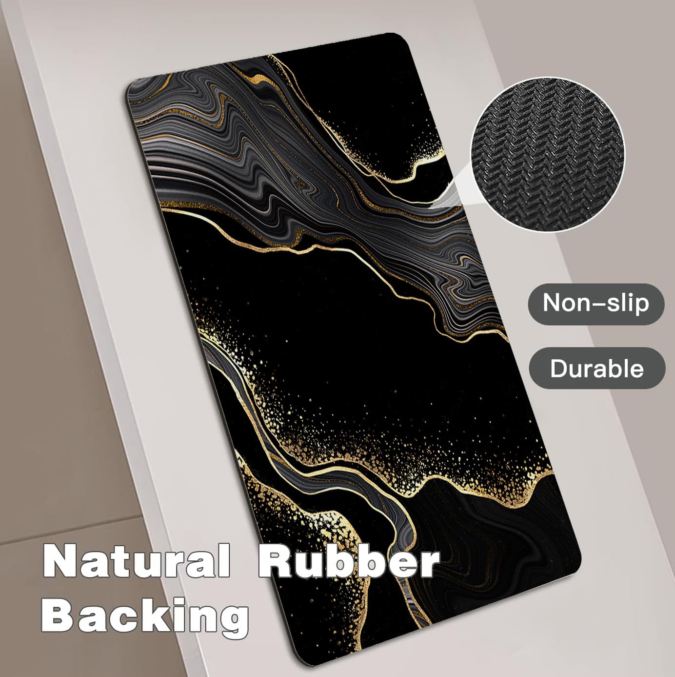Azppsad Extra Long Bath Rug, Black and Gold Marble Decor Non Slip Bath Runner Rug with Rubber Backing, Thin Absorbent Quick Dry Bath Mats for Bathtub Bathroom Kitchen, 15.7x47.2 inch
