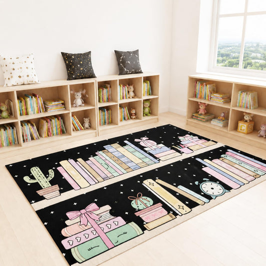 Klyyo Clyro Bookshelf with Dots Rug 5' x 7.6' Pastel Classroom Rug Non Slip Washable Large Educational Carpets for Classroom Nursery Library Playroom Bedroom Reading Decor
