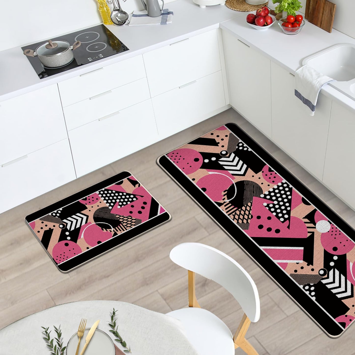 Livcoz Memphis Style Kitchen Rugs Set of 2, Pink Black Geometric Modern Art Floor Mats Home Decor, Vibrant Fashion Artistic Door Mat Decorations - 17x29 and 17x47 Inches