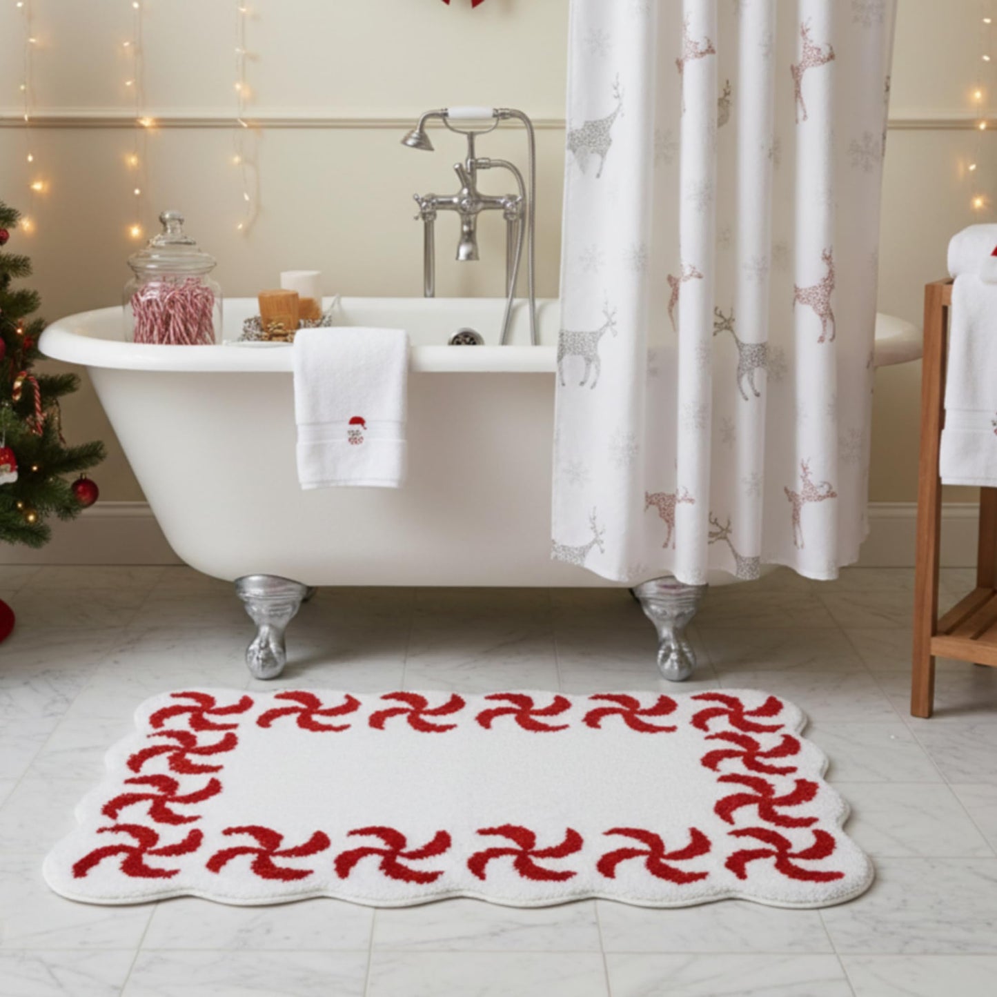 WILLBOND Scalloped Candy Christmas Bathroom Rug Peppermint Swirl Bath 32 x 20 Inch Nonslip Rug Flocking Christmas Bathroom Decor Soft Washable Shower Floor Mat for Tub Bedroom Holiday Home Decor