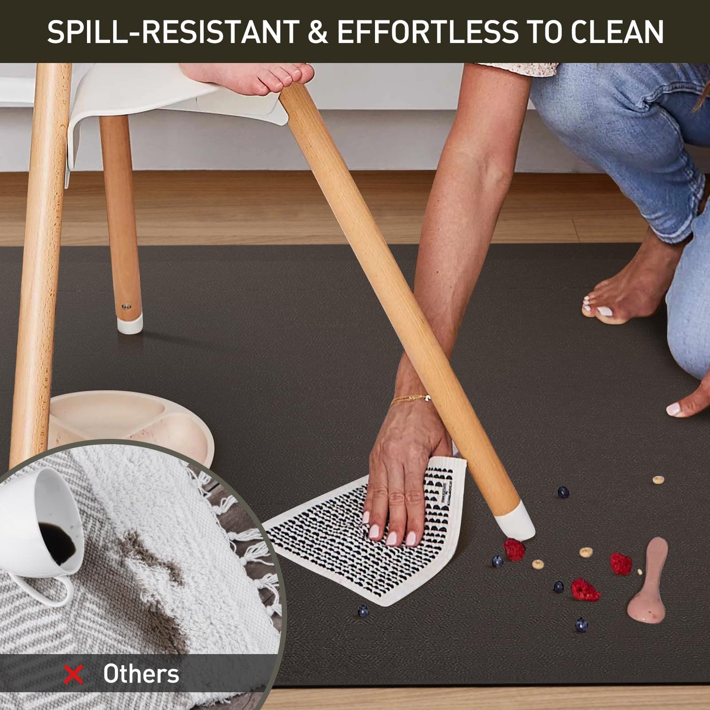 ZPAI Area Floor Mat for Home, 3'×5' Black No Slip Waterproof Vinyl Area Rug for Hard Floor, Spill Resistant Floor Protector Cover for Kitchen, Easy Clean Splat Mat for Under High Chair