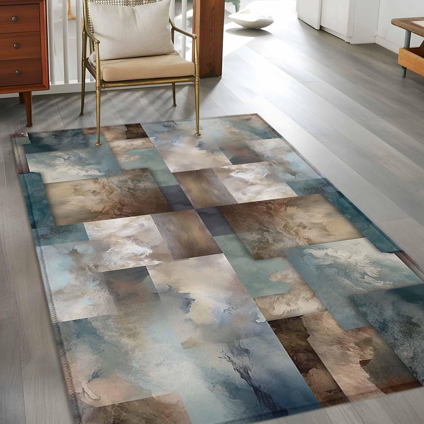 Area Rug 4'x6', Blue Brown Geometric Non-Slip Runner Rug Carpet for Bedside, Modern Ombre Abstract Art Washable Outdoor Indoor Area Rugs Mat for Entryway/Living Room/Bedroom/Kitchen/Office
