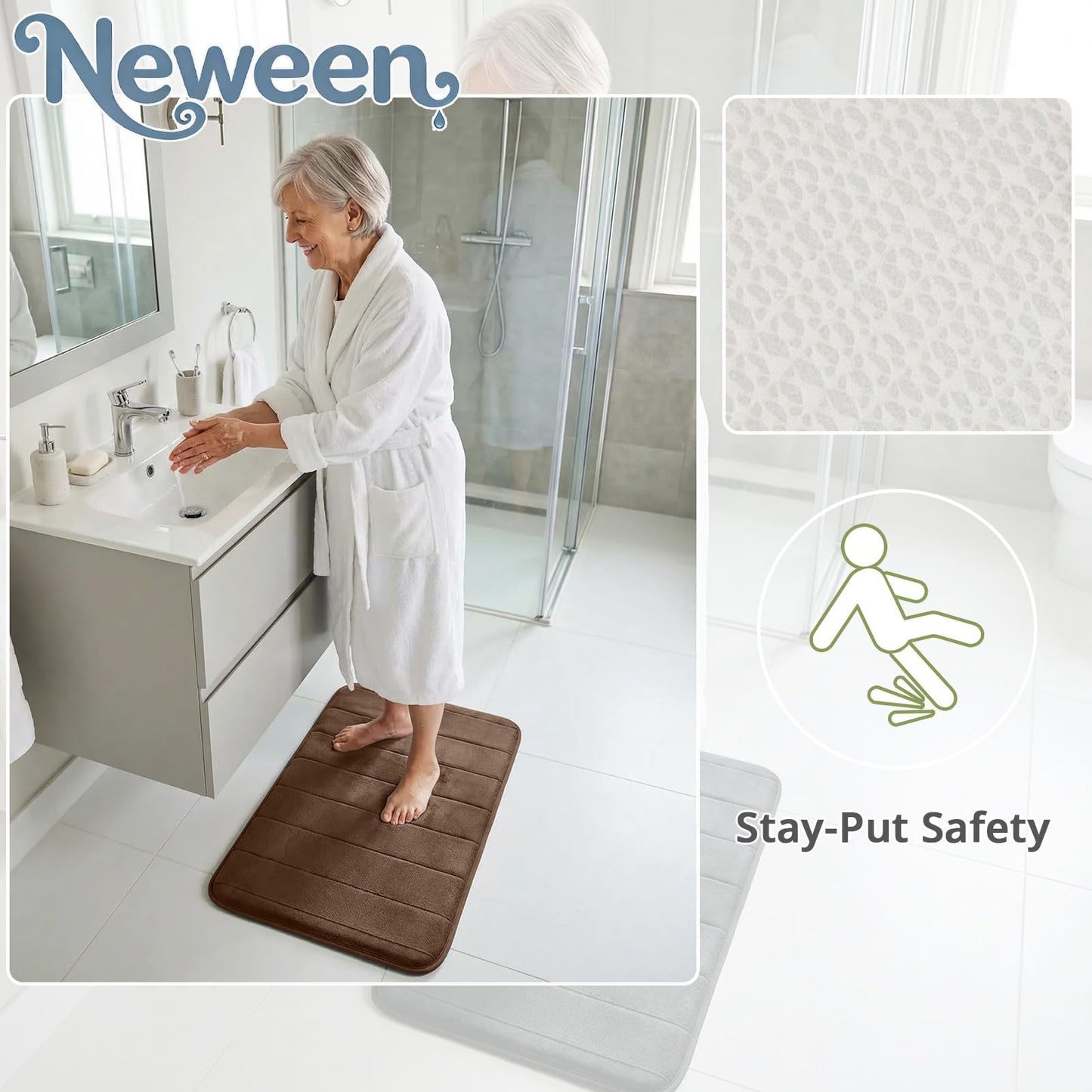 Neween Bathroom Rugs Set 3 Piece, Extra Soft Absorbent Non Slip Memory Foam Bath Mat Set, Thick & Quick Dry Washable Bath Rugs Bathroom Carpet Contour Toliet Mats for Floor, Tub, Shower (Brown)