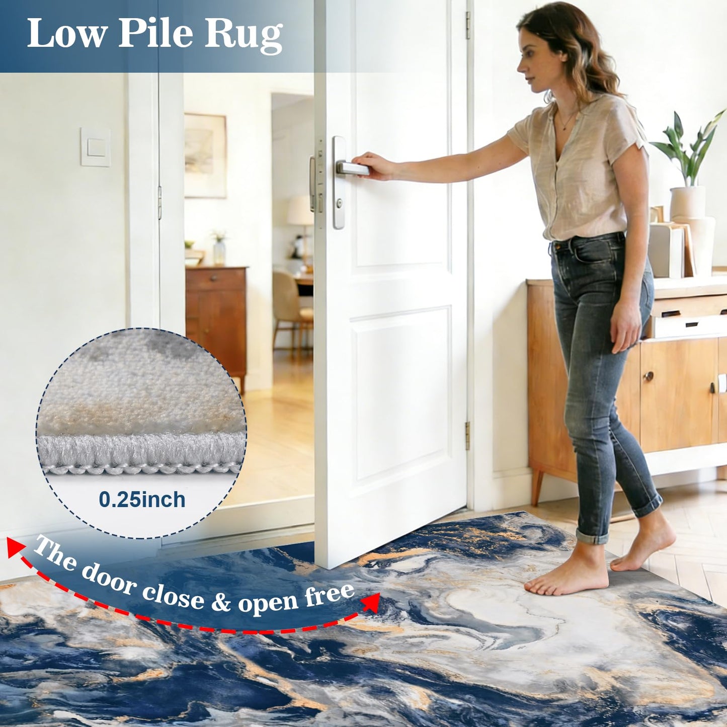 Yinhua Marble Area Rug 6x9, Modern Washable Rug Non Slip, Soft Faux Wool Abstract Rugs Non Shedding, Low Pile Living Room Rugs Pet Friendly, Blue and Gold Carpet for Bedroom Nursery Office