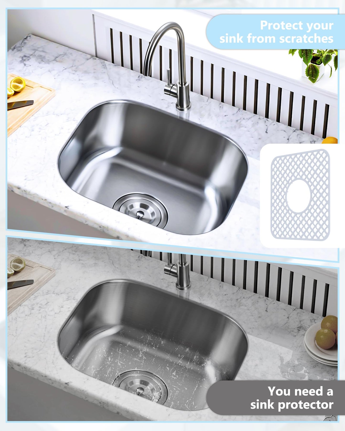 BEHOK 2 Pack Silicone Sink Protector for Kitchen Sink, Trellis Pattern 13 x 11 inches Sink Grid Mat Silicone Protectors, Center Drain, White