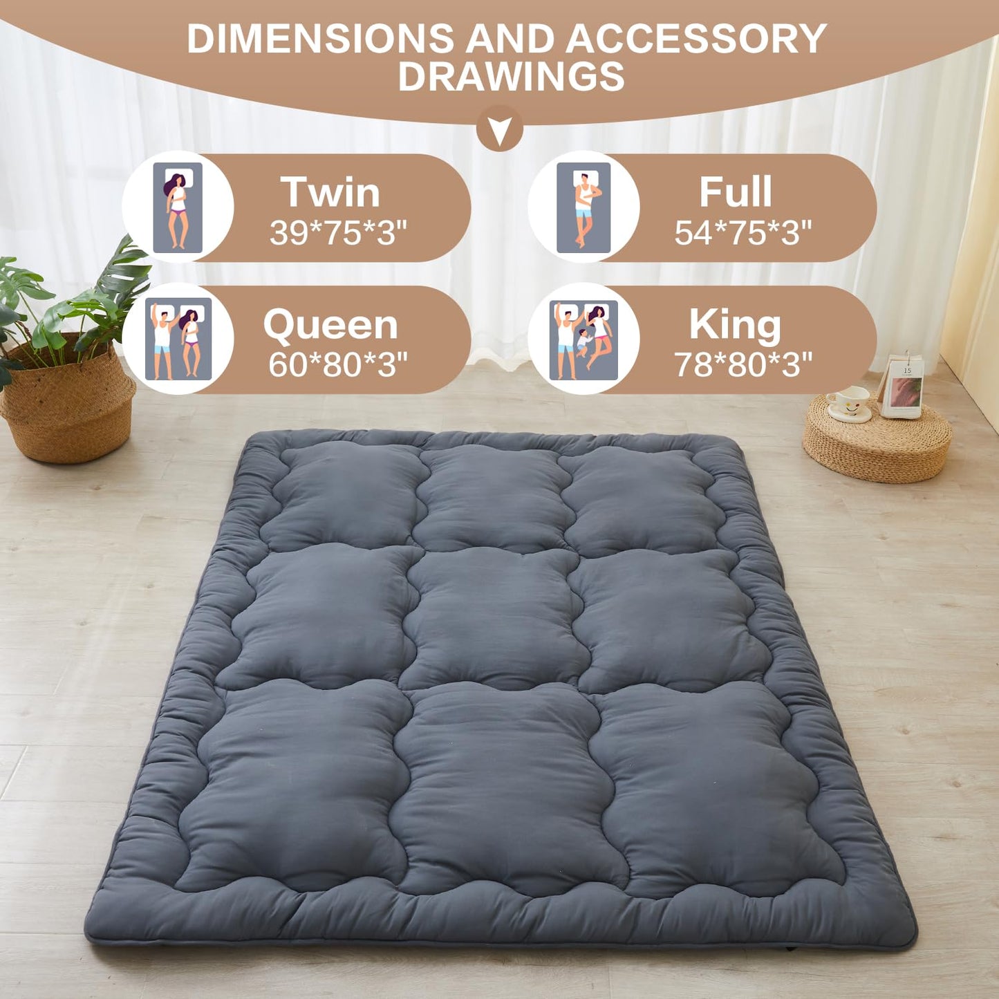 SAPHREAS Japanese Futon Mattress Floor Mattress Full, Foldable Roll Up Bed Mattress Topper with Elastic Straps, Tatami Mat Sleeping Pad for Camping, Grey