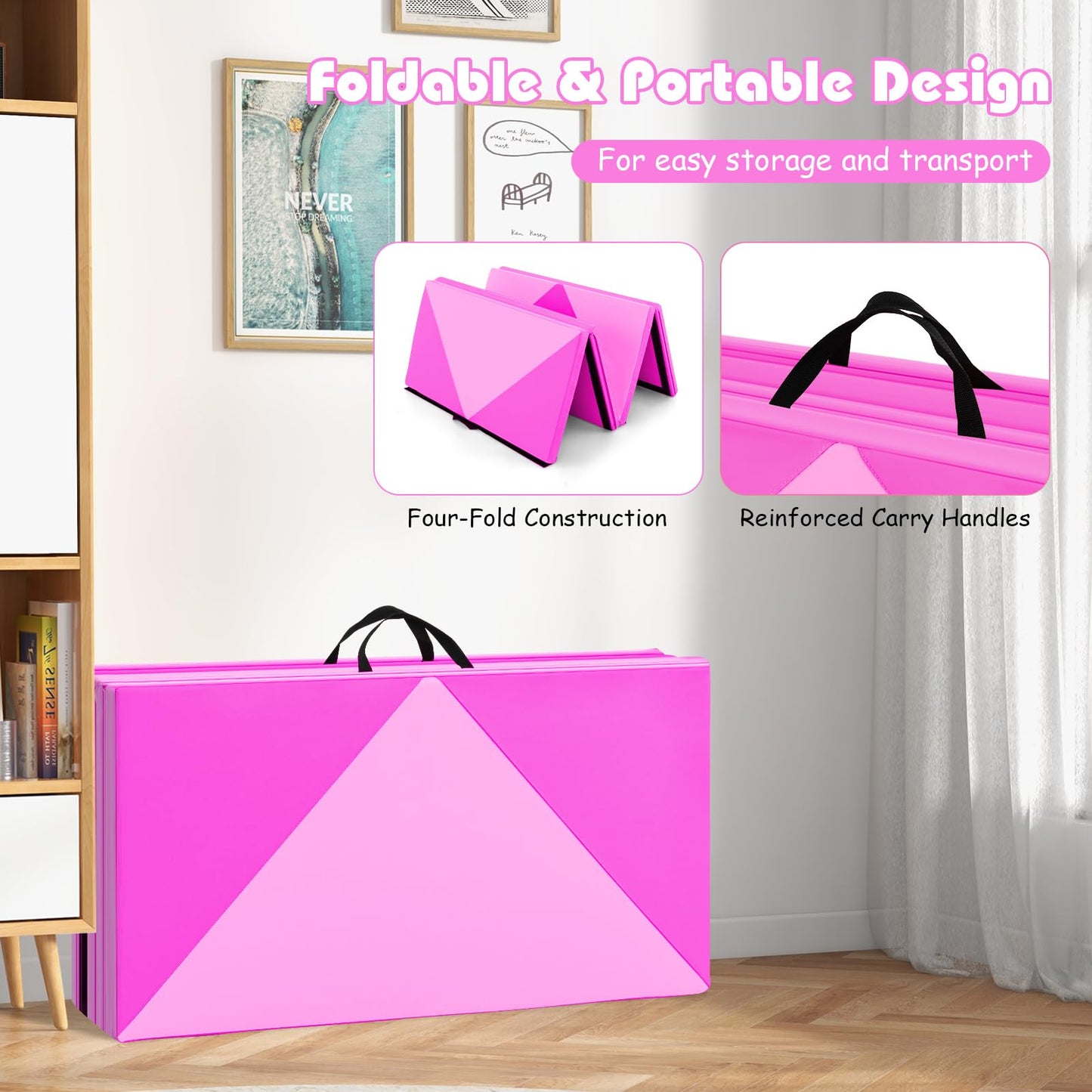 Goplus 8' x 4' x 2" Gymnastics Mat, Folding Tumbling Mat with Carry Handles, Hook & Loop Fasteners, 4 Panels for Fitness Exercise Yoga Stretching Aerobics Workouts, Thick Gym Mats for Home (Pink&Rose)