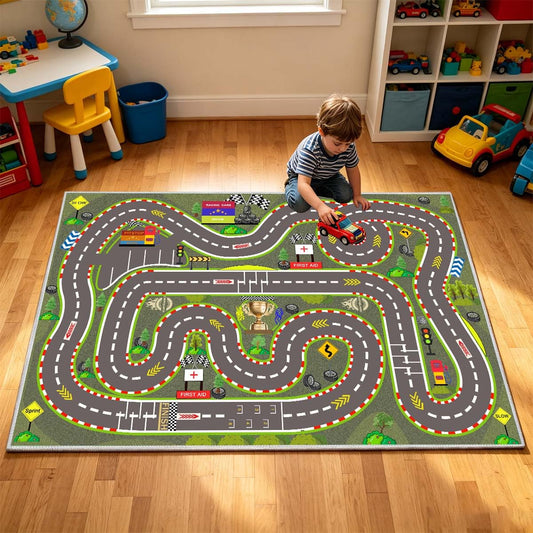 Pyrrhite Kids Rug, Race Track Playmat Rugs 47×31 in Kids Carpet with Rubber Backing, Start and Finish line Racing Track Marking Car Road Race 3D Play Mat Nursery Rugs for Children Bedroom Playroom