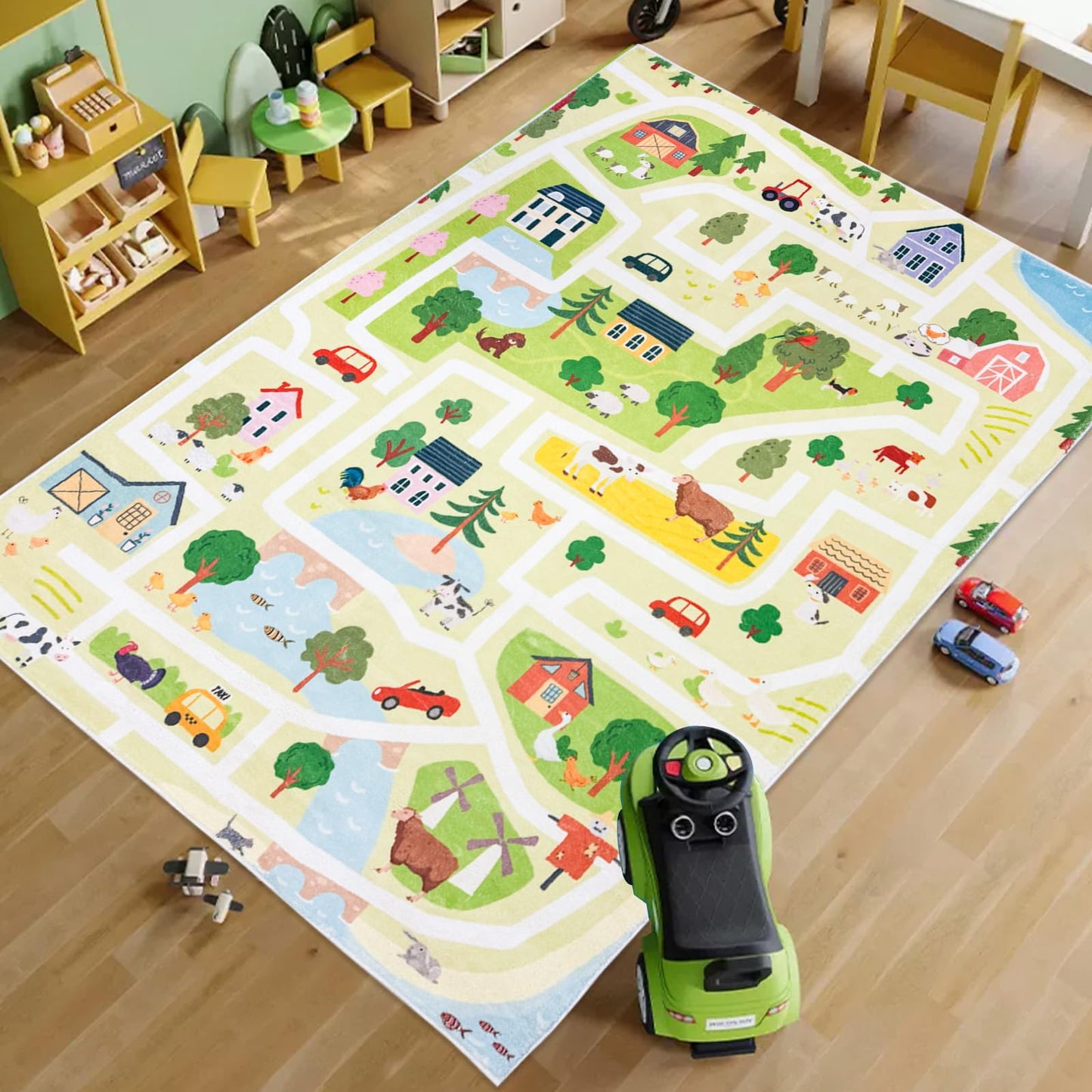 Lacomfy Kids Rug 4x6 Large Farm Animal Area Rug Traffic Road Children Play Mat for Playroom Nonslip Toy Cars Mat Farm Animals Zoo Road Kids Rug for Classroom Bedroom, Green