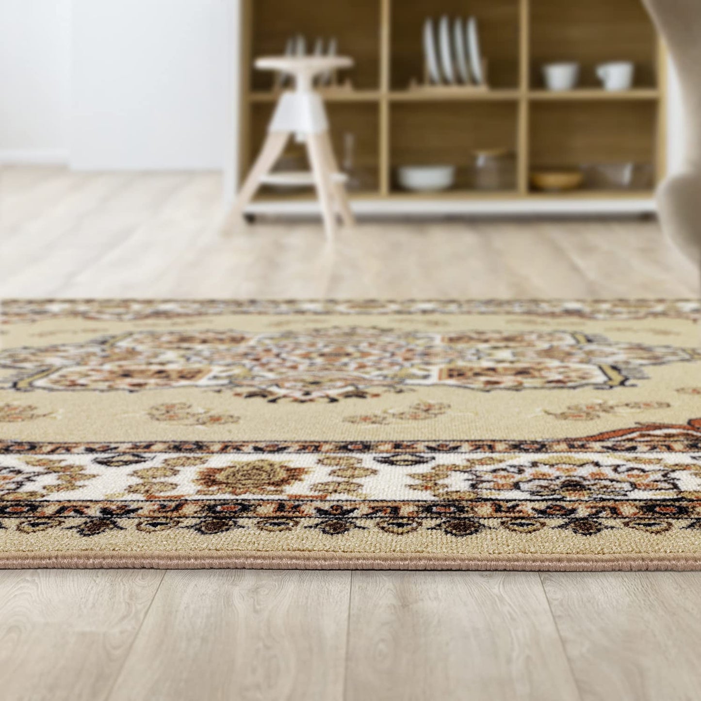 Antep Rugs Alfombras Oriental Traditional 5x7 Non-Skid (Non-Slip) Low Profile Pile Rubber Backing Indoor Area Rugs (Beige, 5' x 7')