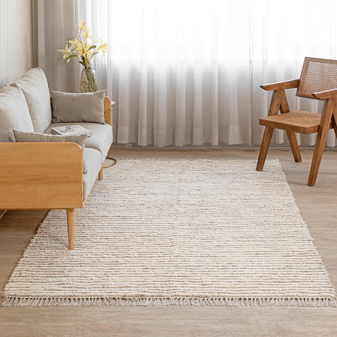 HOMEMONDE Jute Cotton Area Rug 5x8 ft Large Rectangle Hand Woven Natural Farmhouse Rugs for Living Room, Bedroom, Kitchen, High Traffic Area - Rustic Vintage Bohemian (Natural Offwhite)