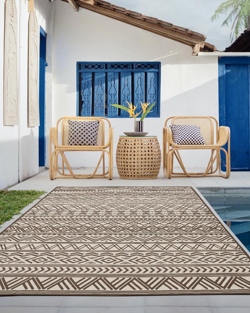Outdoor Rug Carpet 5x8 ft, Flatweave Textured Outdoor Patio Rug Non Slip Indoor Outdoor Rugs with Rubber Particles Backing Boho Outdoor Area Rug for Patio Deck Front Porch Backyard Balcony, Brown