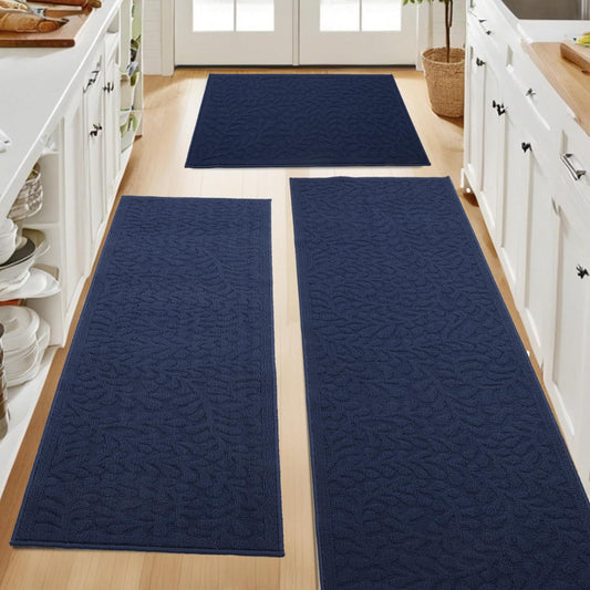 SHACOS Kitchen Rugs Sets of 3 Non Slip Polypropylene Low Pile Absorbent Resist Dirt Washable Kitchen Floor Mat 3 Piece for Entryway, Hallway, Front of Sink, Blue