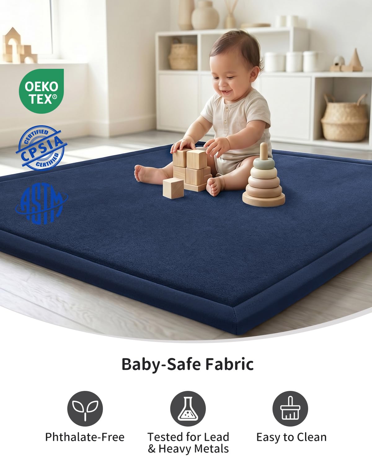 Goyuu Ultra Soft 1.3" Thick Baby Play Mat for Floor, 50x50 Playpen Mat Elasti-Foam Padded Crawling Mat for Babies, Toddlers, Infant, Kids, Non-Slip Backing Safe for Tummy Time, Dark Blue