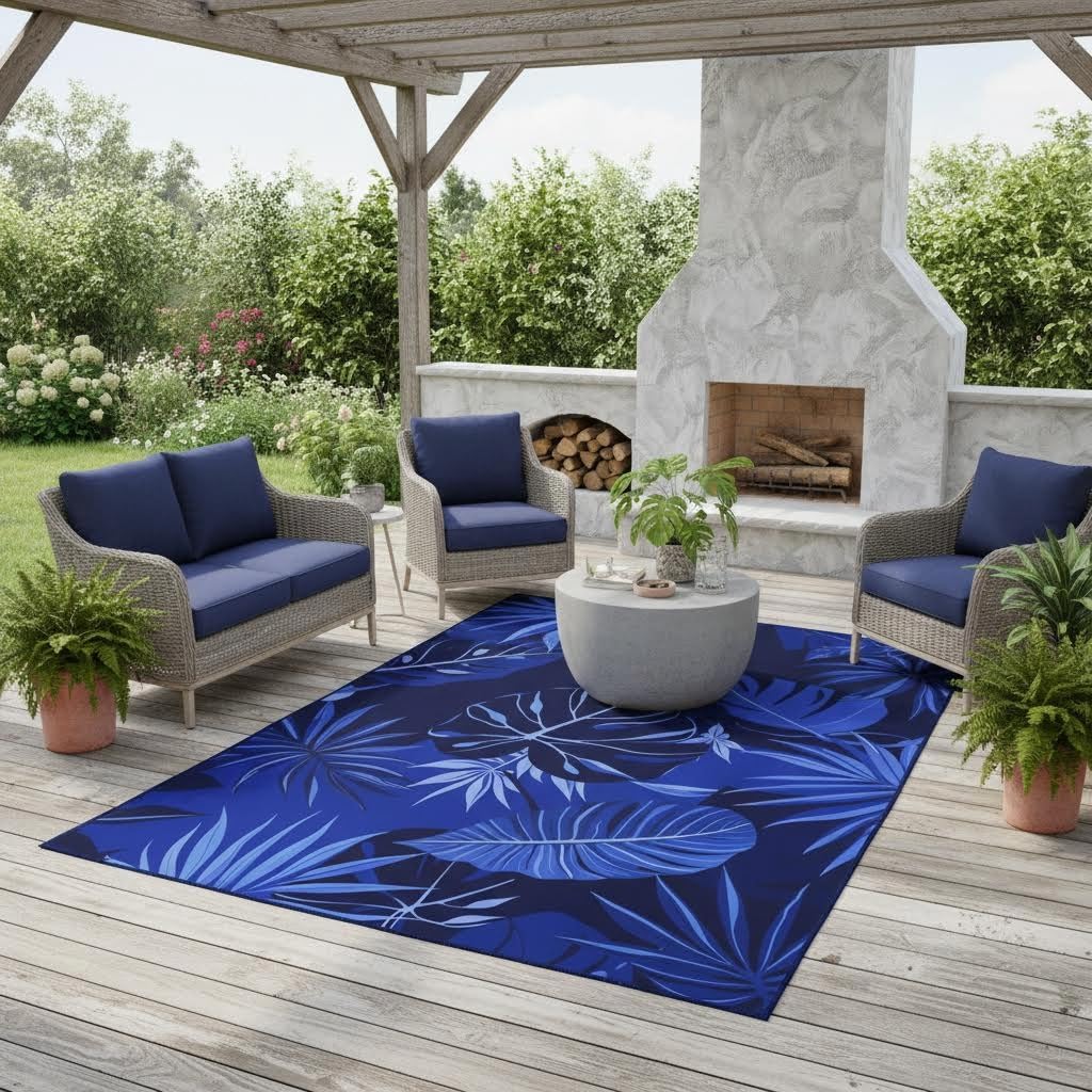 Mamatong Waterproof 2x3 Machine Washable Tropical Outdoor Area Rug for Patio Porch Balcony Deck Garden Non-Slip Stain Resistant Royal Blue Boho Poolside Backyard Camping RV Picnic Thin Outside Rugs