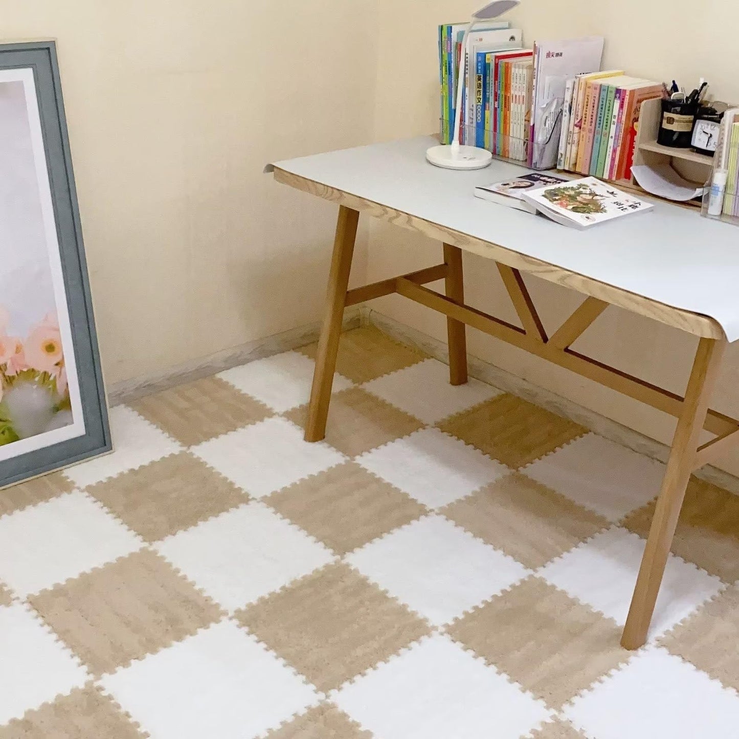 Typutomi 10pcs Plush Puzzle Foam Floor Mat, Soft Fluffy Interlocking Square Foam Tiles Area Rugs Carpet for Parlor Bedroom Decoration(11.8x11.8in, White & Apricot)