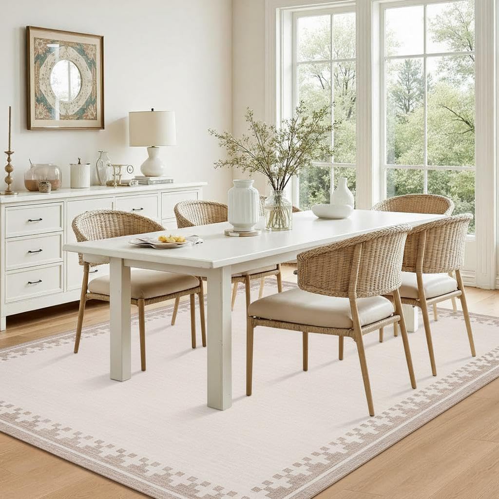 GarveeHome 9x12 Large Beige Area Rugs Cross Bordered Washable Low Pile Indoor Carpet Perfect for Living Room Home Office Bedroom Modern Non Slip Soft Dining Room Farmhouse Rug, Light Camel/Seashell
