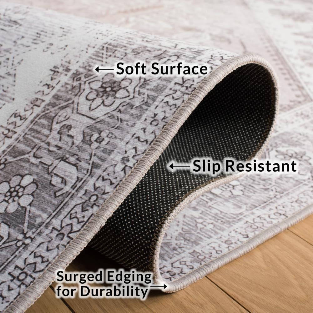 SAFAVIEH Washable Rug Tucson Collection - 2'6" x 4', Beige & Grey, Slip Resistant & Easy to Clean, Ideal for Living Room, Bedroom, Dining Space (TSN102B)