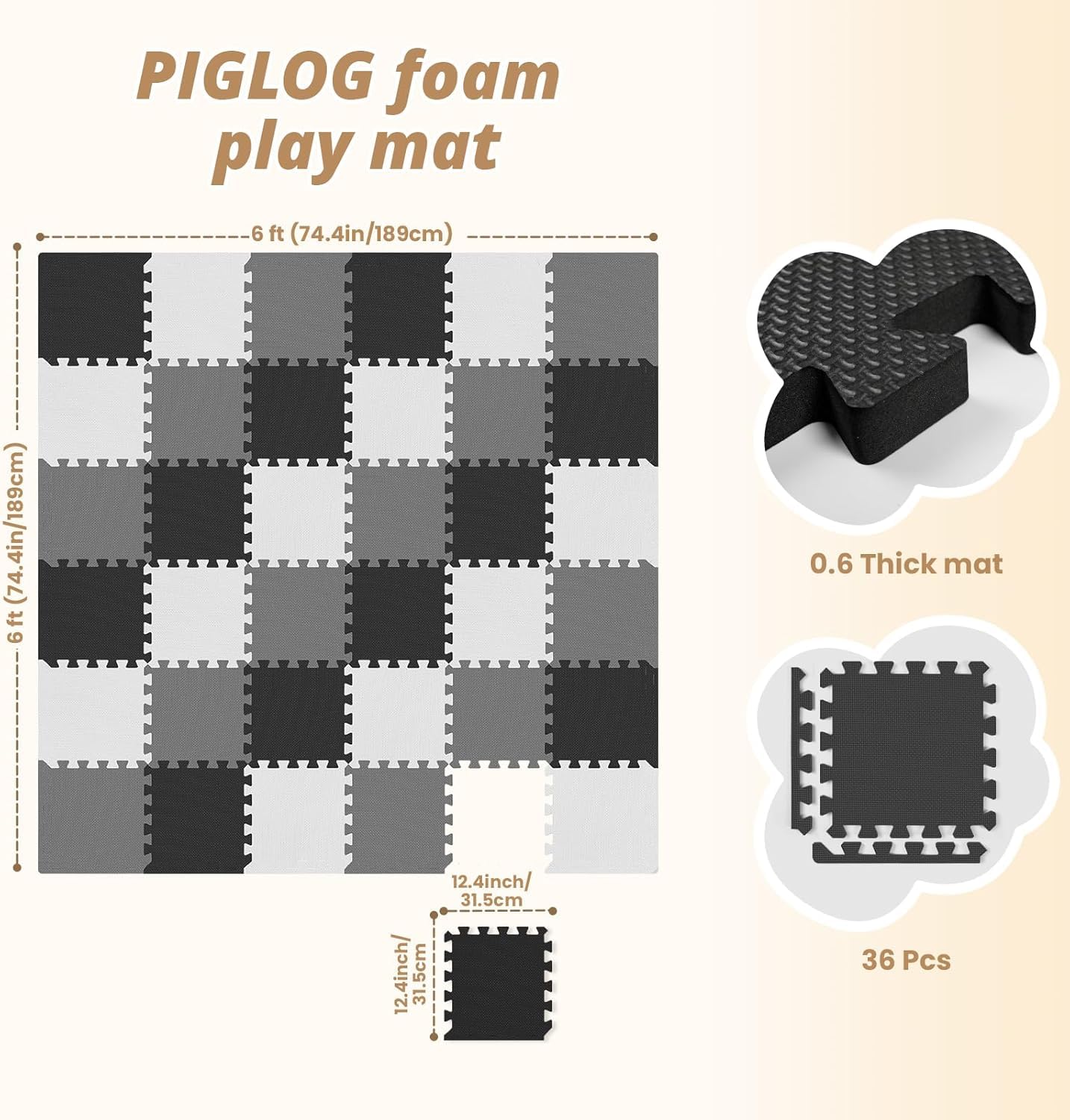 36Pcs Baby Play Mat for Floor, Foam Floor Tiles for Kids with Interlocking, Squares Foam Puzzle Carpet for Playroom,Crawling Rug for Babies 6-12 Months,Toddlers,11.8*11.8*0.6In Each,Grey White Black