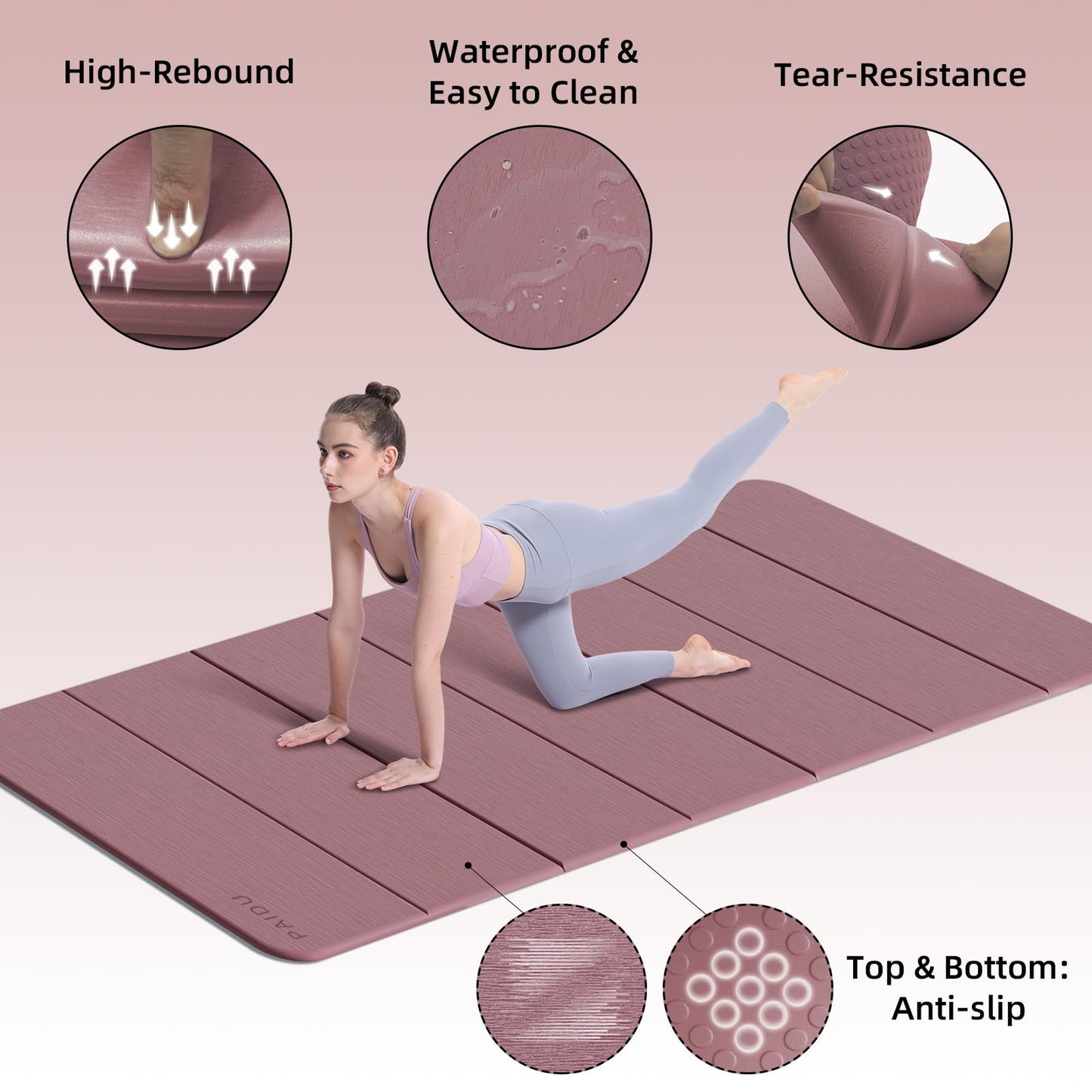 PAIDU Foldable Yoga Mat thick- 2/5" (10MM) TPE Non-Slip Design, Quick Fold，Easy Storage, 75x40 Extra Long/Wide for Indoor Yoga, Pilates and Outdoor Travel Workouts (Deep Pink)