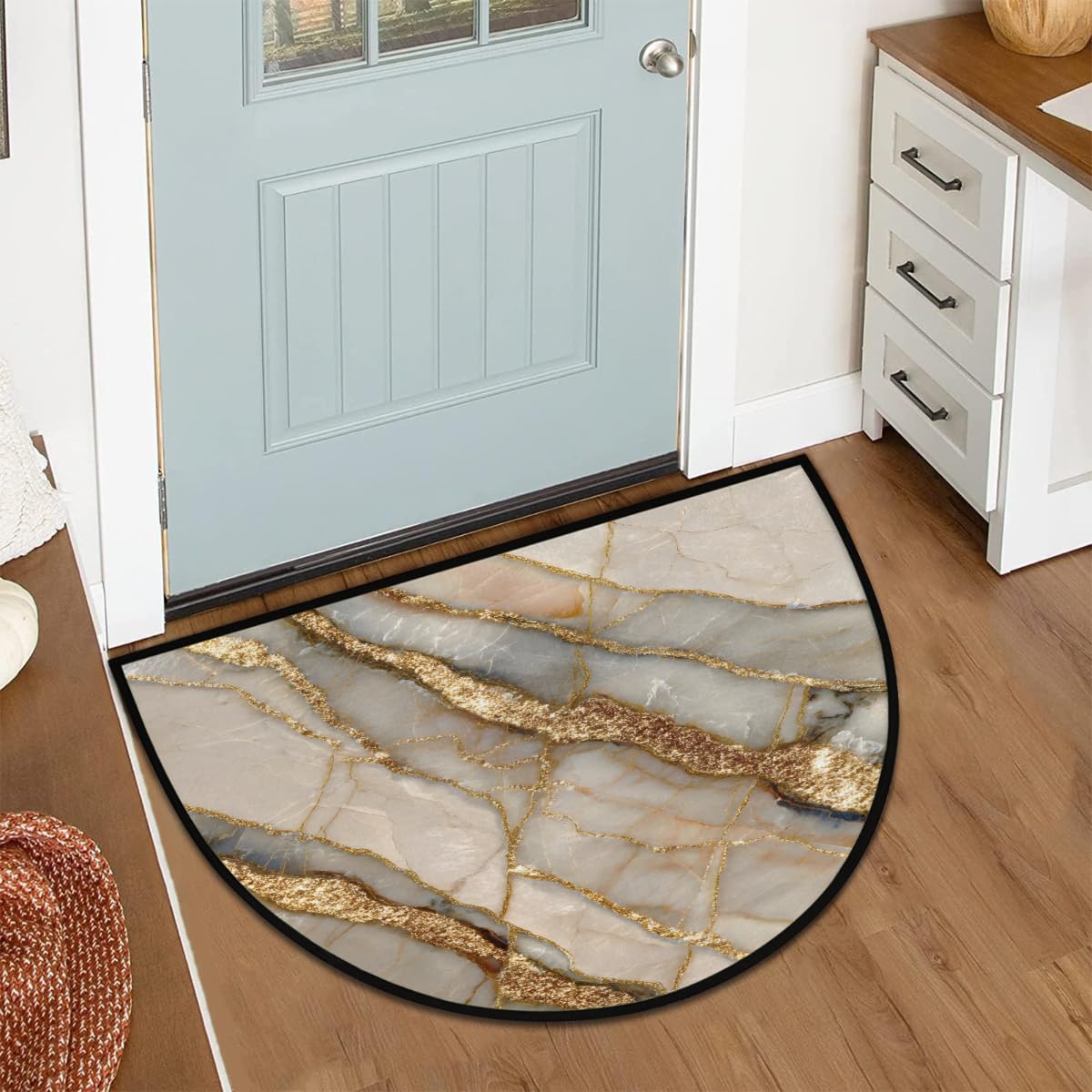 FengQuGou Half Round Doormat Beige Marble Gold Washable Semi Circle Area Rug Non Slip Half Moon Rug Holiday Decor Mat for Indoor Outdoor Bathroom Kitchen Welcome Fireplace Hearth Floor Mat