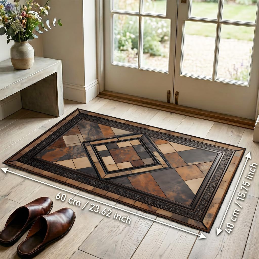 Vintage Geometric Faux Cashmere Non-Slip Rug, 15.7 x 23.6 Inches, Brown Patchwork Accent Mat for Entryway, Bedroom, Bedside, Kitchen and Bathroom Dry Area (Brown)