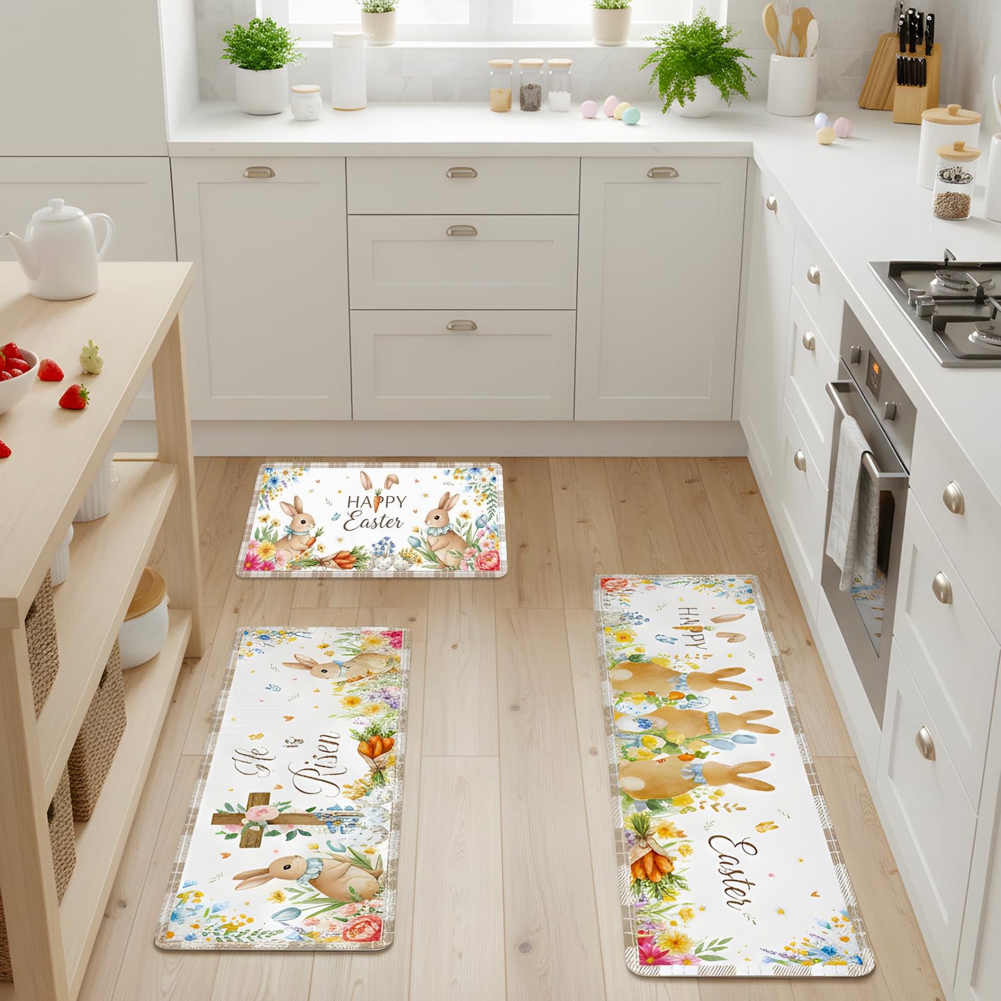 VISSTREE Happy Easter Kitchen Rugs Set of 3, Cute Bunny Egg Non Slip Kitchen Mats, Washable Rabbit Christian Floor Decor for Indoor Outdoor Spring Seasonal Holiday Farmhouse Home Decorations