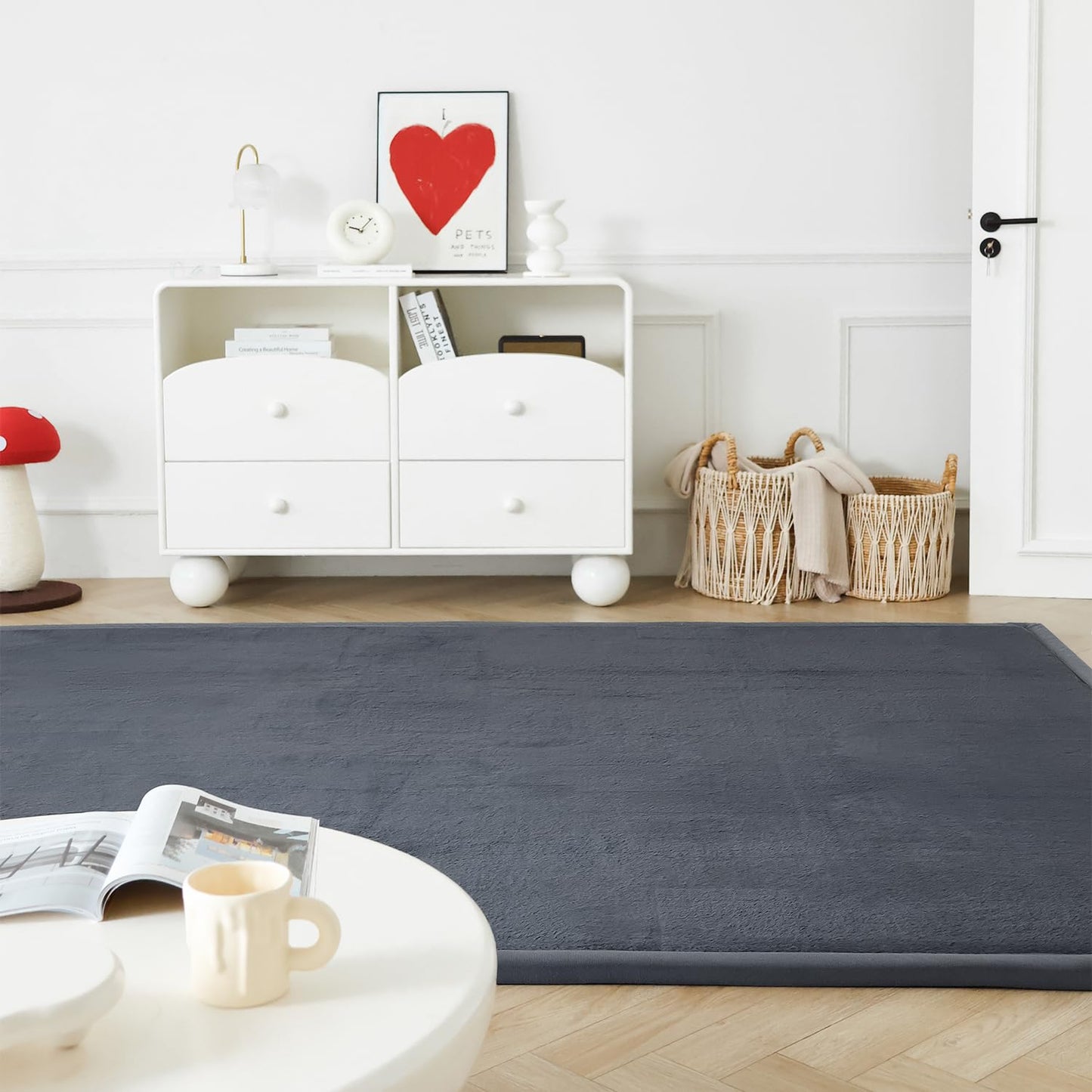 Loartee Faux Rabbit Fur Rug - 1.18" Thick Soft Fluffy Area Rug, Non-Slip Memory Foam Crawling Mat, Dark Gray, 59"x59"