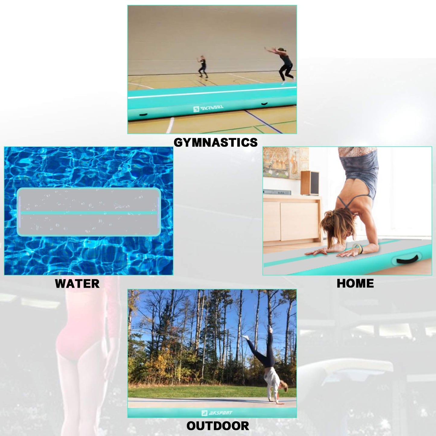 AKSPORT Gymnastics Air Mat Tumble Track Tumbling Mat Inflatable Floor Mats with Electric Air Pump for Home Use/Tumble/Gym/Training/Cheerleading/Parkour/Beach/Park/Water(Grey Green,13ftx3.3ftx4inch)