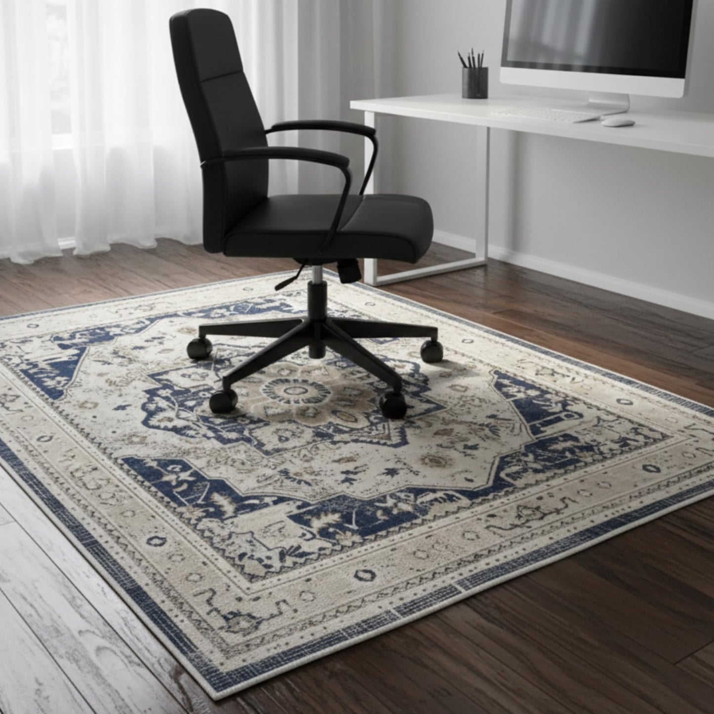 Office Chair Mat for Hard Floor - 48'' x 60'' Chair Mat for Hardwood and Tile Floors, Non-Slip Hard Floor Protection Mats for Rolling Chair Under Desk, Machine Wash (Beige & Blue)