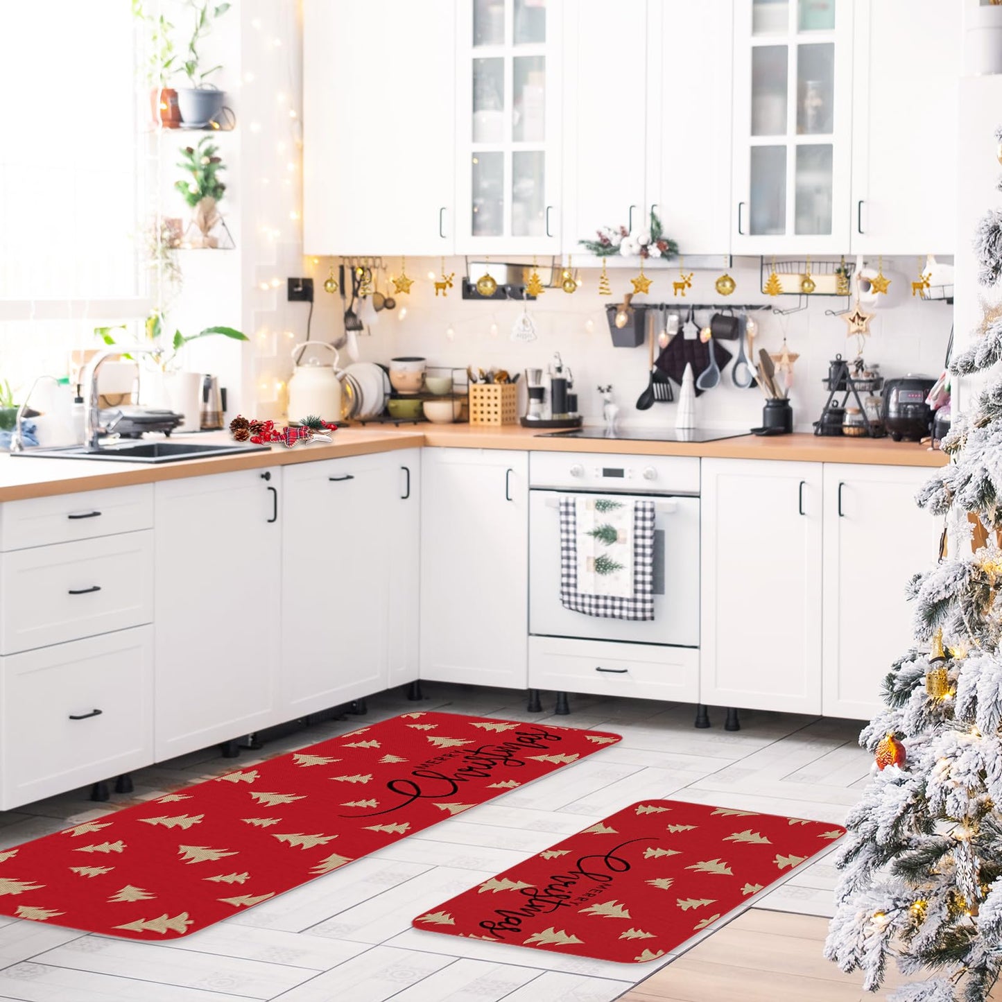 FYSUIMU Christmas Kitchen Rugs Set of 2 Merry Christmas Kitchen Mat Floor Mats Non-Slip Red Beige Xmas Tree Door Rugs for Xmas Winter Holiday Home Decor, 17 x 29 in, 17 x 47 in