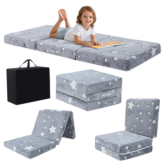 MeMoreCool Foldable Floor Mattress for Kids, Glow Star Trifold Mat, Kids Folding Mattress Portable Futon, 57x22 Inch Grey