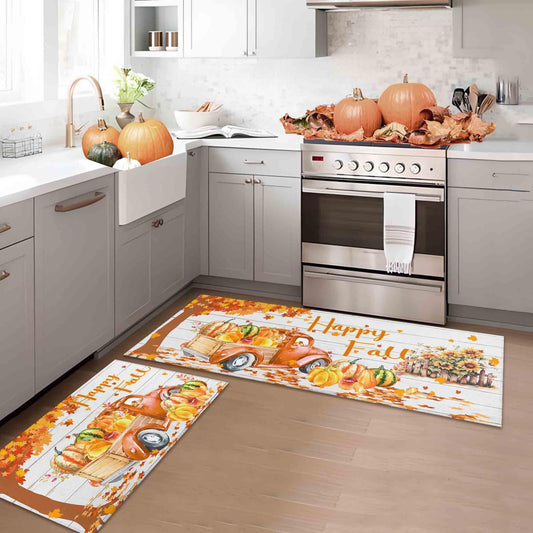 Noulmea Happy Fall Pumpkin Decorative Kitchen Rugs Set of 2, Home Seasonal Fall Holiday Party Autumn Harvest Thanksgiving Kitchen Floor Mat 17"x47"+17"x30"