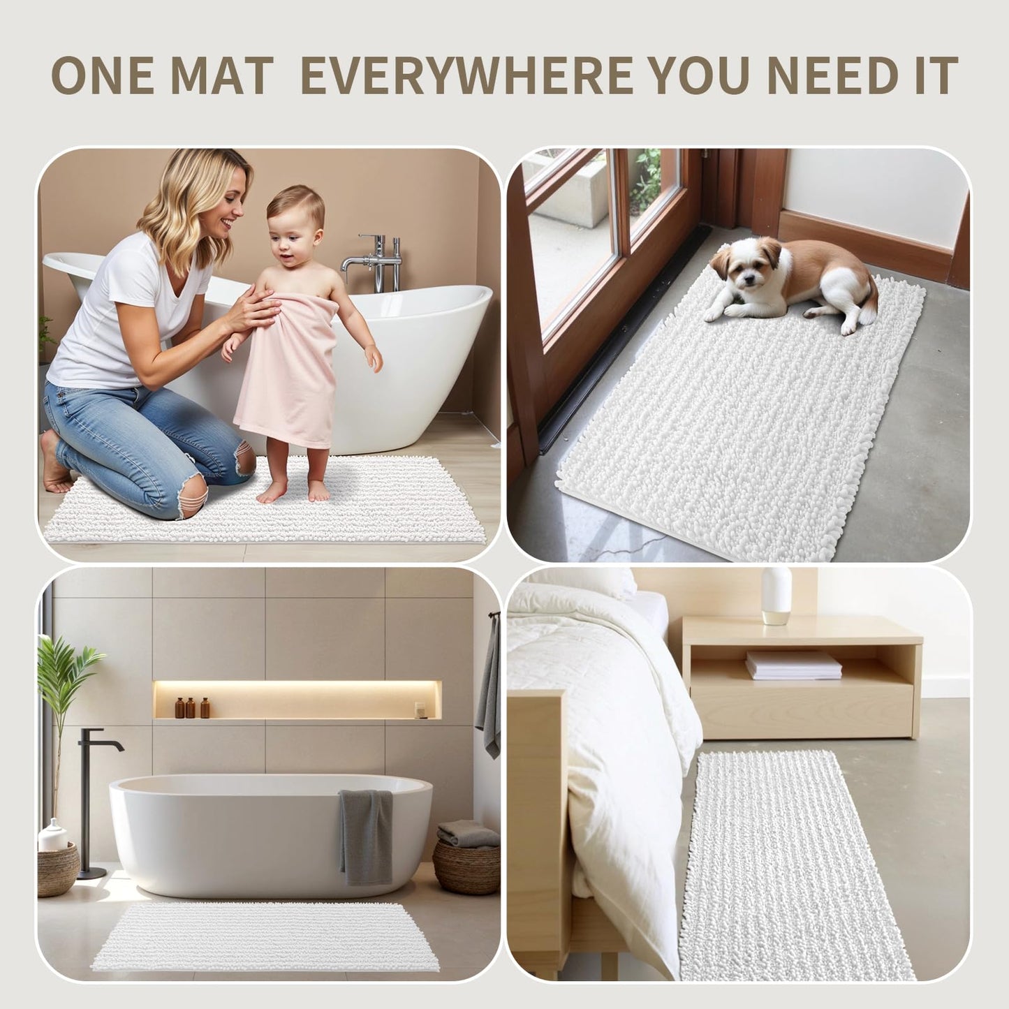 Ruggnovea Bathroom Rugs Non Slip Washable 36x24, Extra Thick Soft Chenille Absorbent Bath Mat, High Density Barrier Non Slip Backing, Quick Dry Plush Shaggy Floor Carpet for Tub&Shower, White