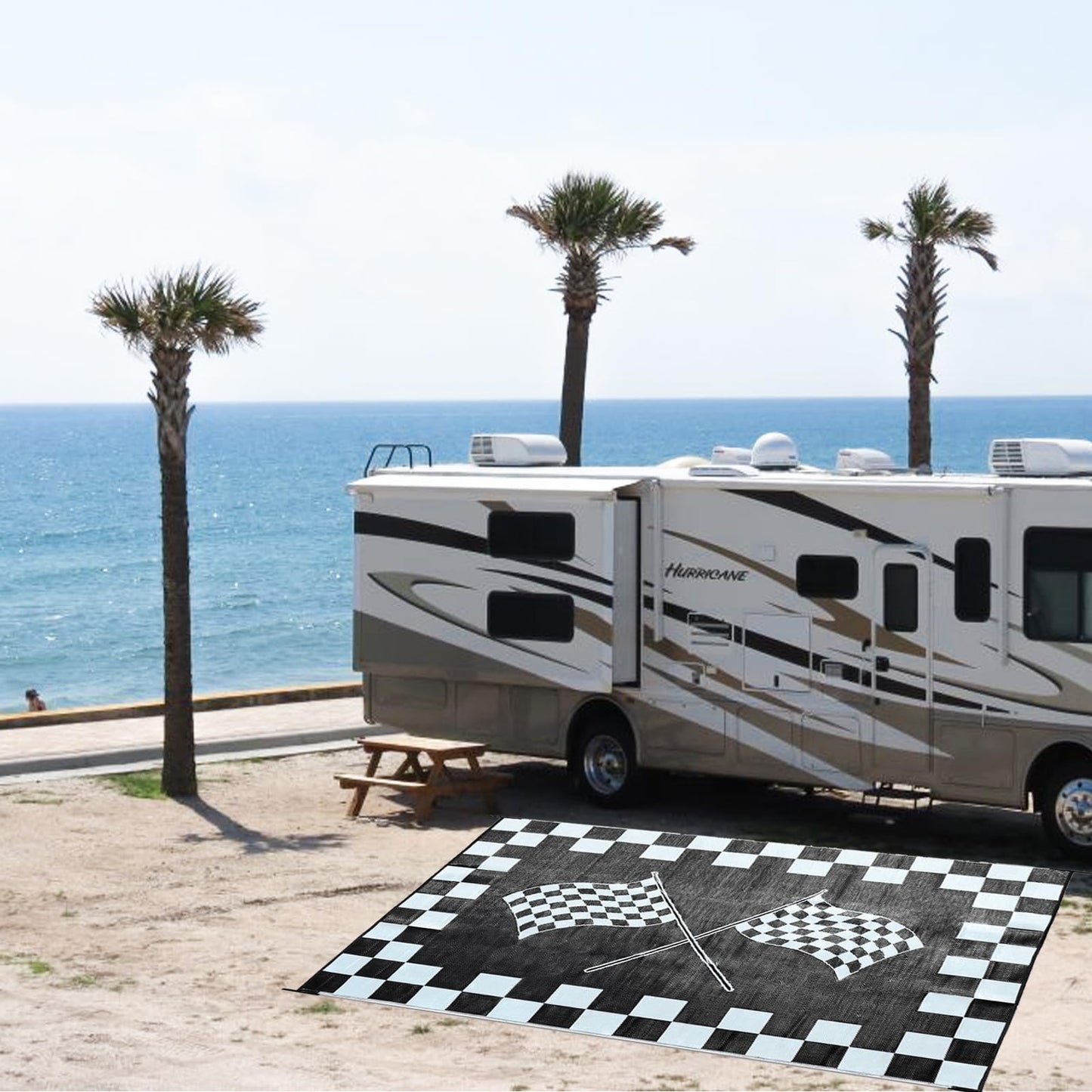 EEZ RV Products 9'x12'cf Heavy Duty Reversible/Durable Outdoor RVing/Boondocking Mats (9ft x12ft Black & White Checker Flag) Come with Large Storage Bag & 6 Sets of Stakes and Washer