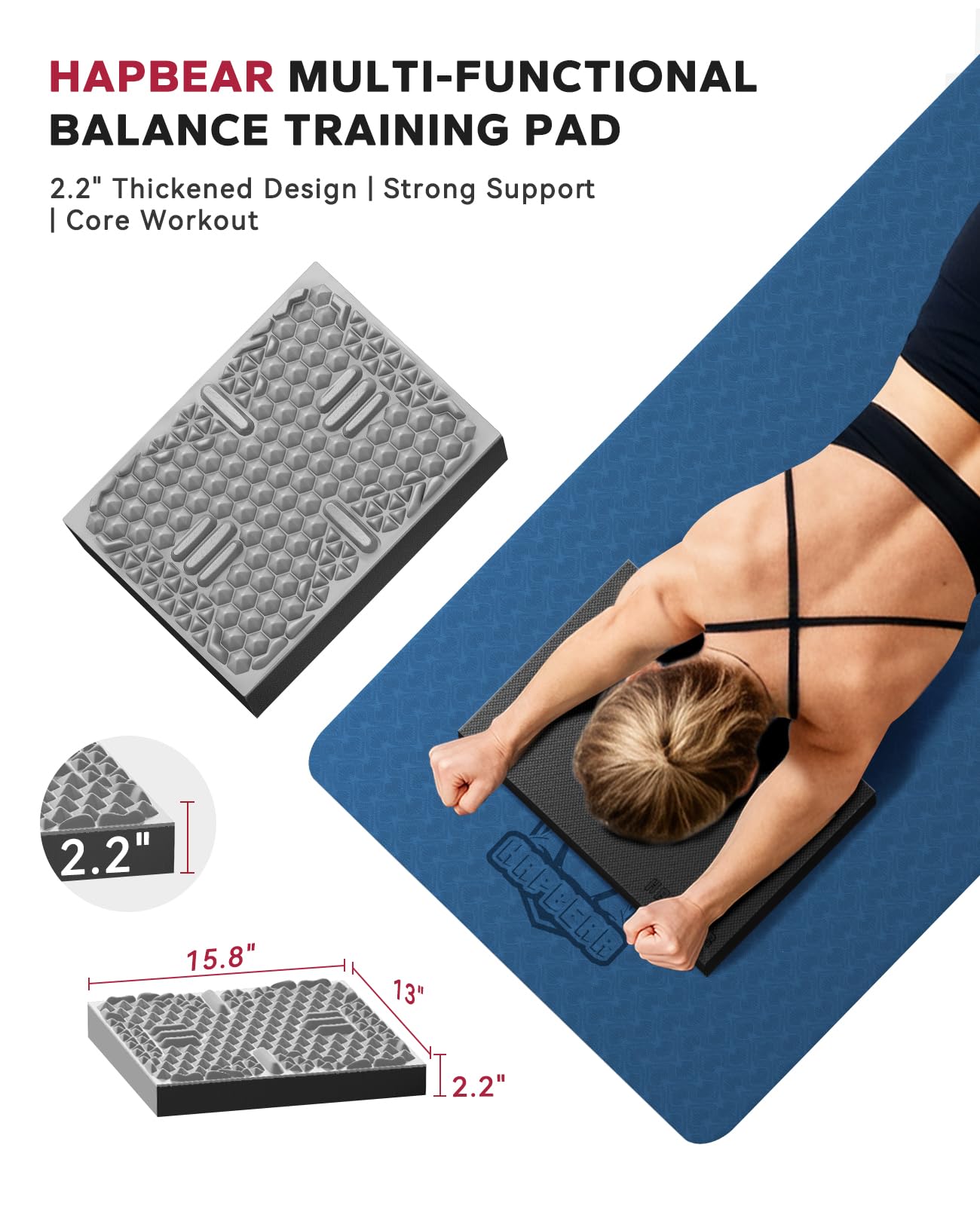 HAPBEAR Exercise Balance Pad - 15"x12" Non-Slip Textured Foam Pad with 2-in-1 Stability, 2.2" Thick TPE & EVA with Soft Cushioning for Adults, Physical Therapy Core Training - Black