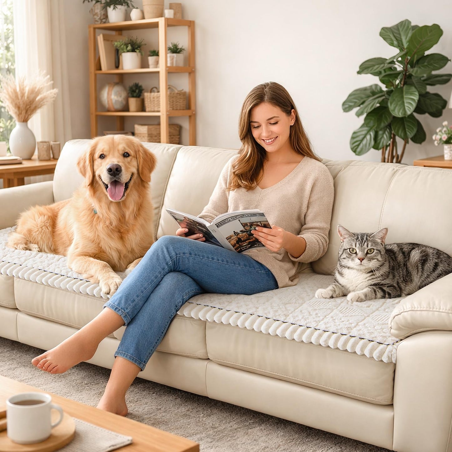LOOBANI Couch Cover for Dogs Washable: Non Slip Fuzzy Plush Pet Couch Covers for 2 Seat Sofa, Hair Resistant Sofa Protector Pet Friendly, Home Decor Couch Slipcover, 27.6" x 59", White