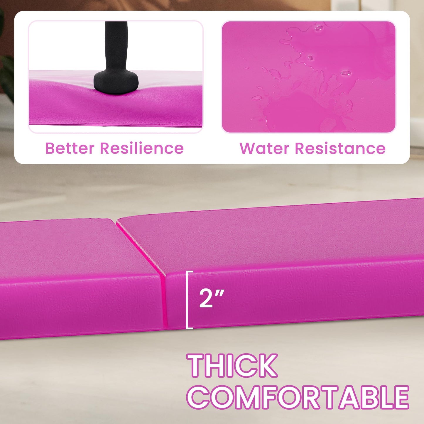 Fitvids Folding Exercise Gymnastics Mat for Tumbling, 2'x6'x2" Gym Workout Mat with Carrying Handles High-Density Anti-Tear Portable Fitness Aerobics Mats for Home Gym Yoga Pilates MMA Core Training, Pink