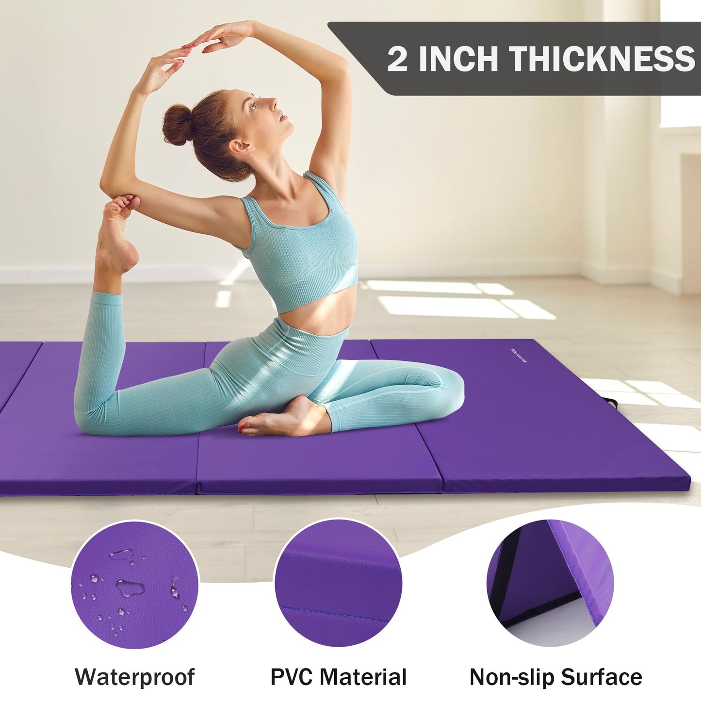 Fitvids Gymnastics Mats for Tumbling, 4'x8'x1.9" Folding Exercise Gym Mat with Carrying Handles High-Density Anti-Tear Martial Arts Fitness Aerobics Mat for Home Gym Yoga Pilates MMA Core Training, Purple
