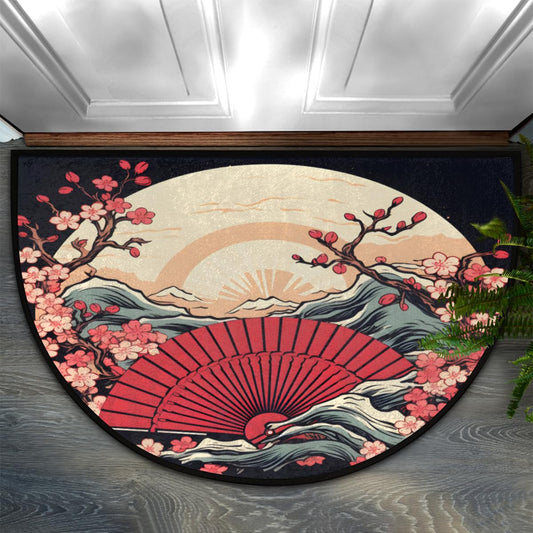 DOHOATU Half Round Door Mat, Japanese Painted Non-Slip Half Circle Area Rug Cherry Blossom Doormat Washable Durable Home Decor Half Moon Rug for Floor Indoor Outdoor Living Room Bedroom Kitchen Patio